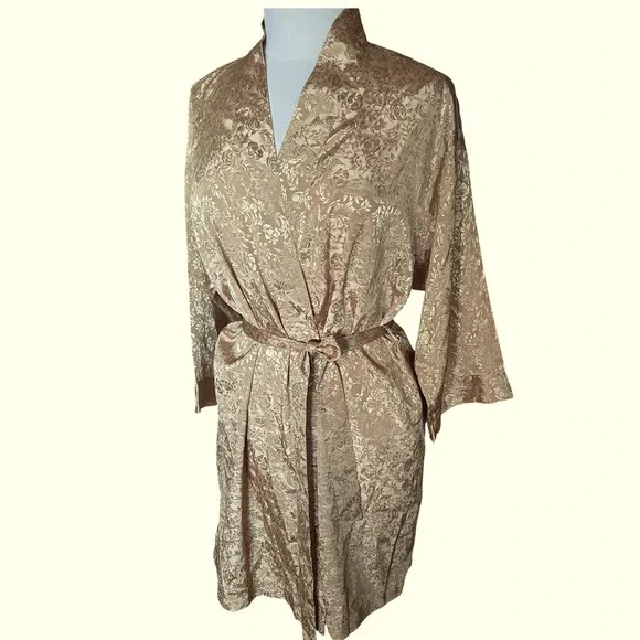 Avon Gold Floral Jacquard Robe Kimono Satin Feel Belted Vintage 80/90s S/M - Picture 1 of 12